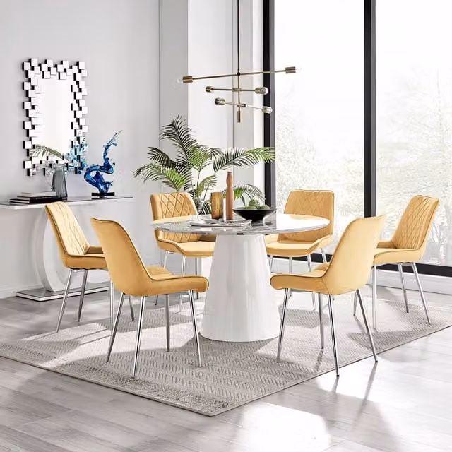 Furniturebox Palma Round White Marble Effect Dining Table and 6 Pesaro Mustard Chairs with Silver Legs