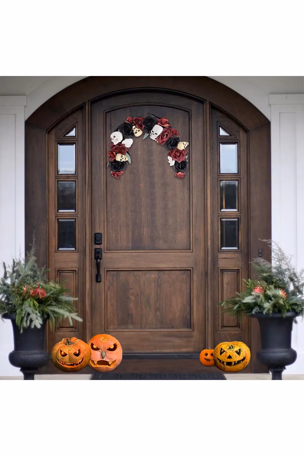 Living and Home Black Prelit Skull and Floral Halloween Arch Wreath Hanging Decoration – 3