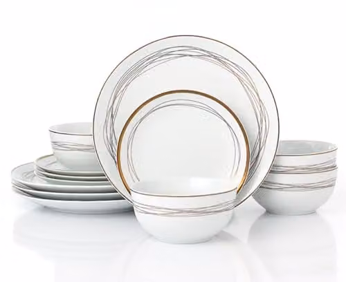 Waterside 12-Piece Gold Swirl Porcelain Dinner Set in White and Gold