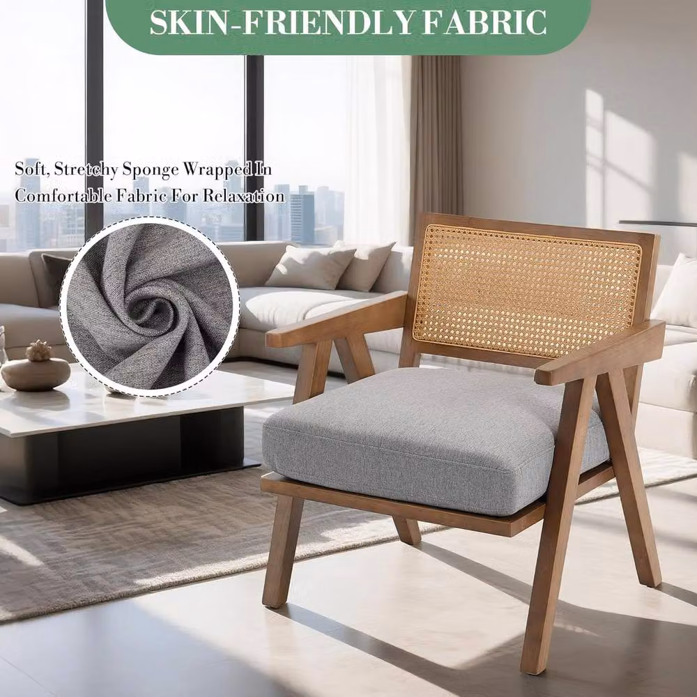 London Boutique Mid-Century Rattan Accent Armchair with Grey Fabric Upholstery – 3