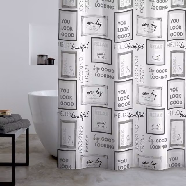 Catherine Lansfield Relax And Unwind Polyester Shower Curtain in Grey and Black