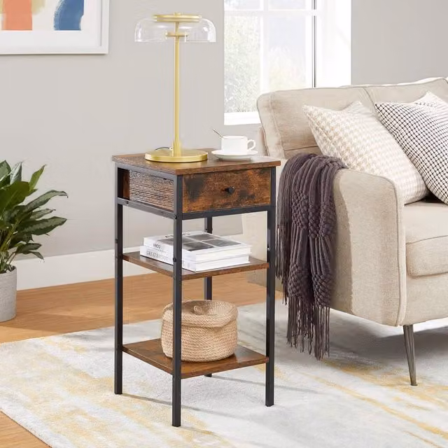 VASAGLE Industrial Bedside Table with Drawer and Storage Shelves in Brown