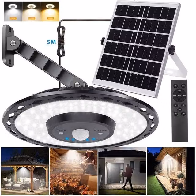 FLAVORA Solar Powered LED Pendant Ceiling Light with Motion Sensor and Remote Control in Black – 1