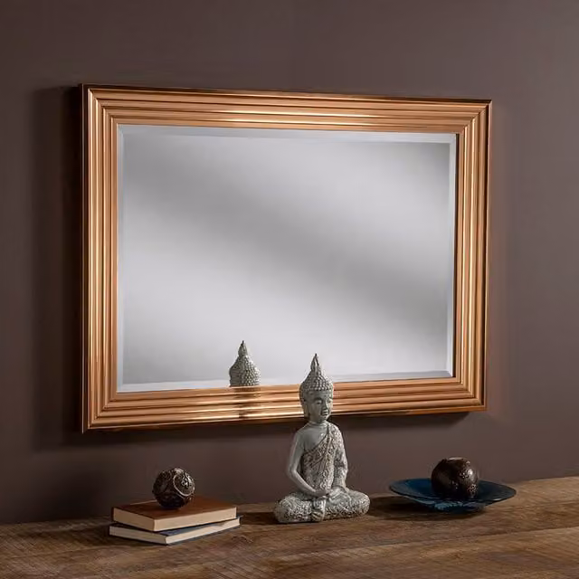 Yearn Copper Reeded Rectangular Metal and Glass Wall Mirror, Width: 75.5 cm