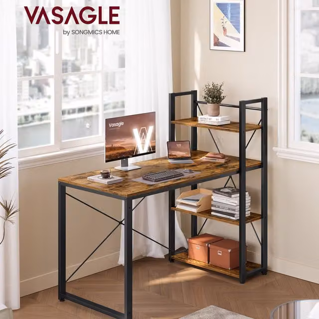 VASAGLE Orange Computer Desk with Storage Shelves, W: 120 cm, D: 60 cm, H: 60 cm