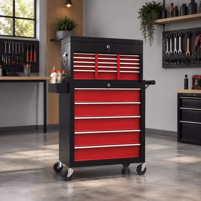 STILVORA 14 Drawer Steel Tool Storage Chest with Wheels, Pegboard and Lockable Feature in Red