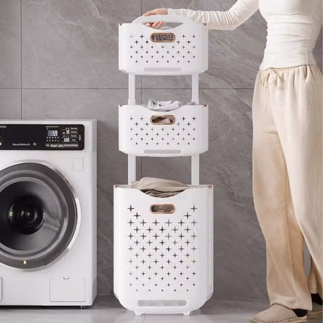 Lifeideas Multi Tier Foldable Laundry Baskets with Wheels, White, Height: 115 cm