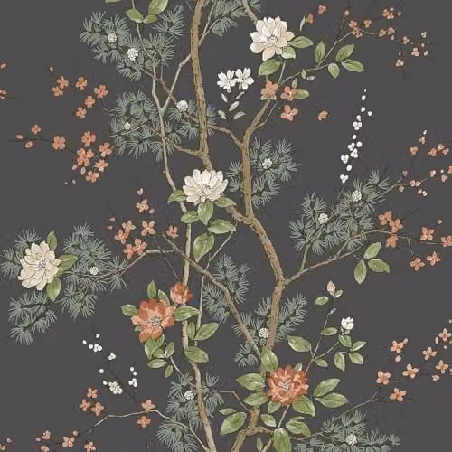 Belgravia Decor Bridget Delicate Floral Oriental Themed Matte Finish Wallpaper in Charcoal Grey and Anthracite