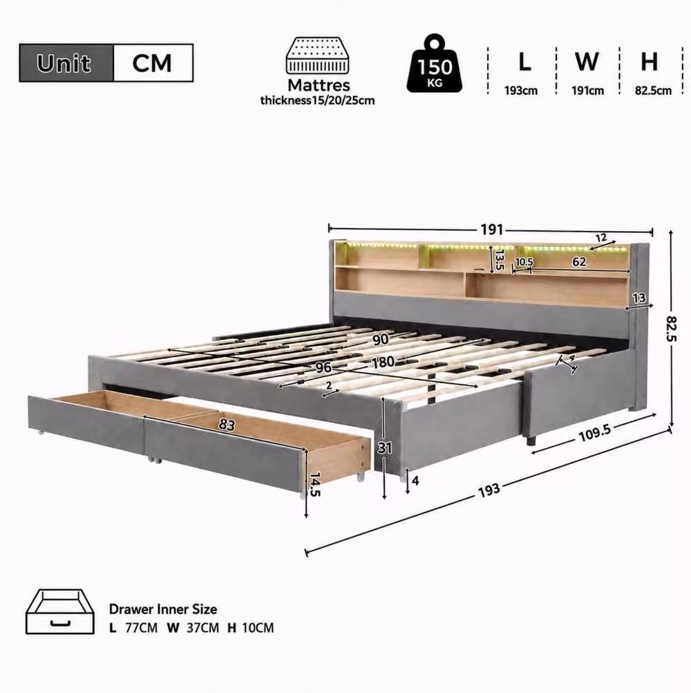 STILVORA Grey Velvet Upholstered Single Day Bed with LED Headboard, USB Charging Port and Drawers, W/D/H: 90 x 190 x 82.5 cm – 3