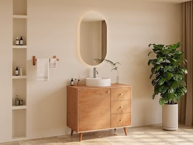Vente-unique Solid Oak Bathroom Vanity Unit with Round Countertop Basin in Light Oak
