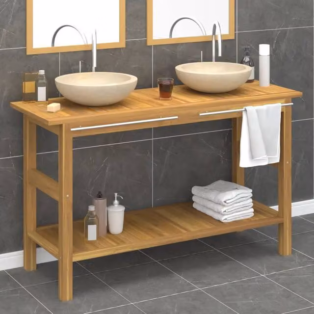 Berkfield Home Freestanding Teak Bathroom Vanity Cabinet with Cream Marble Sinks in Beige