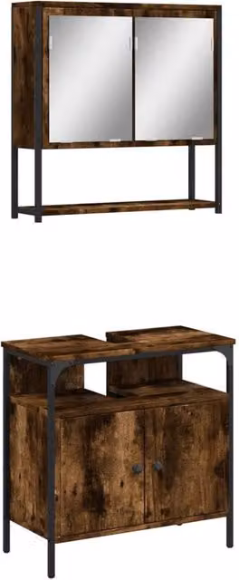 Berkfield Home 2 Piece Industrial Bathroom Furniture Set in Smoked Oak Brown featuring Mirror Cabinet and Vanity Unit