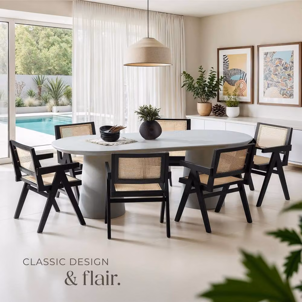 tectake Lizzy Set of 6 Mid-Century Dining Chairs with Armrests in Black Rattan-Style Synthetic Leather and Wood – 7