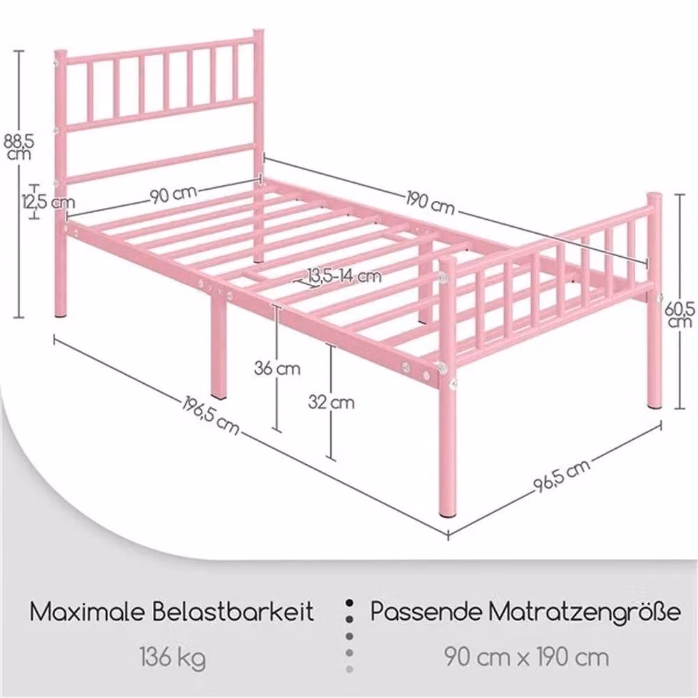 KORVIXA Single Metal Bed Frame with Slatted Headboard and Footboard in Pink, W/D/H: 90 x 190 cm – 2
