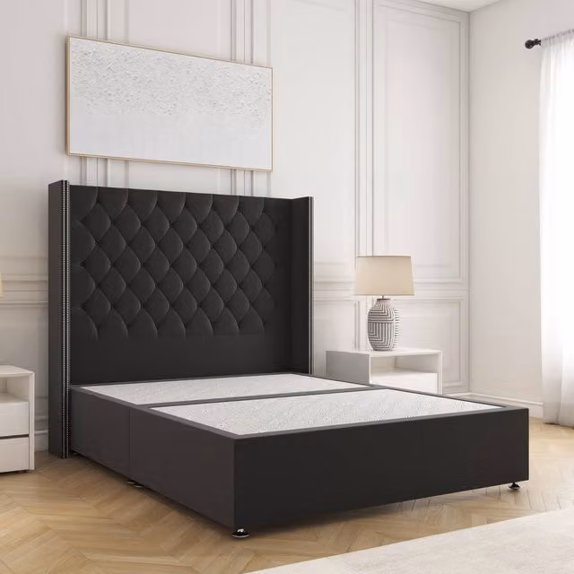 BSSPOKE Olivia Small Double Divan Bed with 54 inch Plush Velvet Headboard in Black