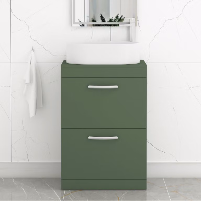 Royal Bathrooms Turin 600mm Floor Standing 2 Drawer Vanity Unit in Matt Green with Peak Countertop Basin and Brushed Brass Handle