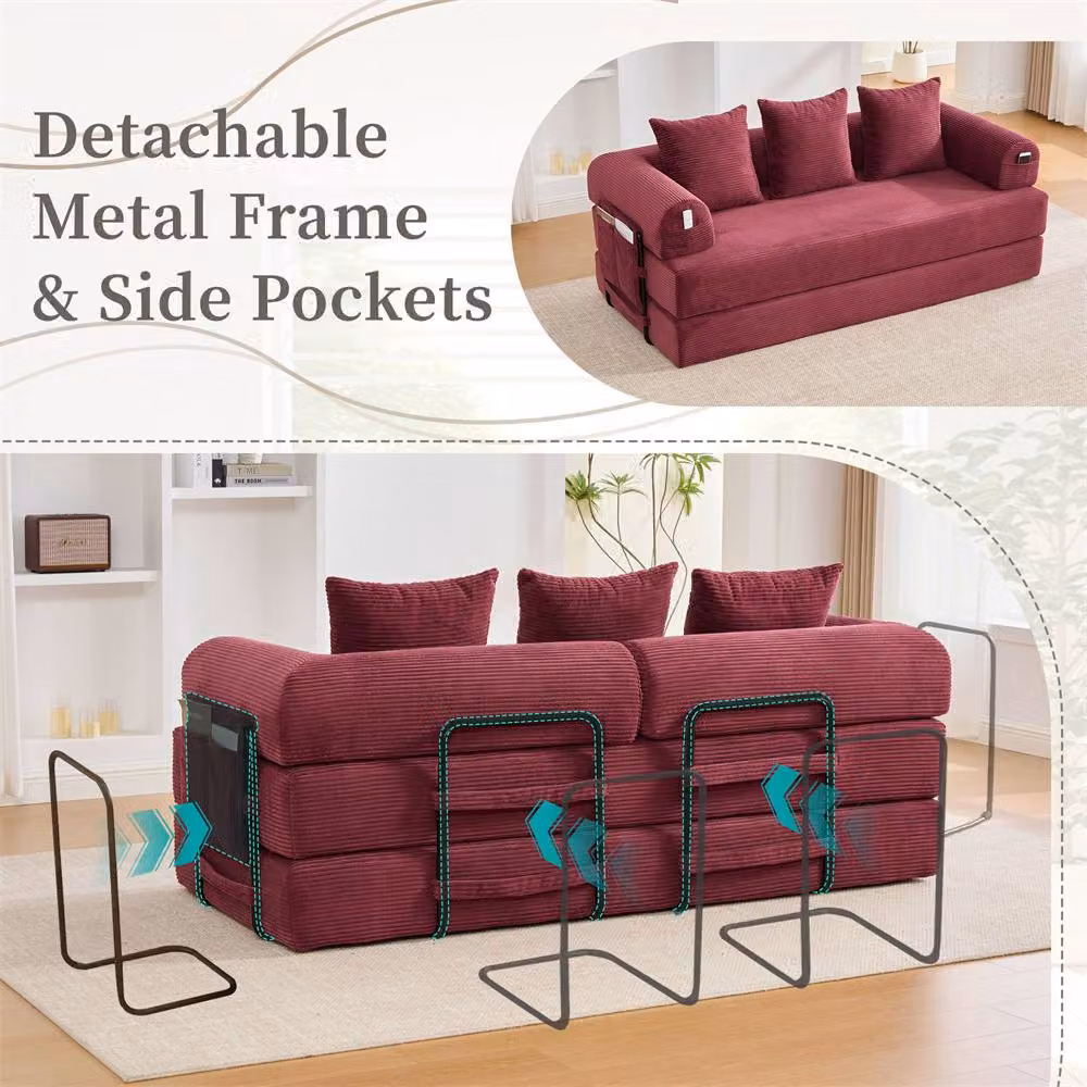 Direct Wicker 2 Pack Foldable Metal Frame Sofa in Red with Upholstered Fabric and Scatter Cushions – 3