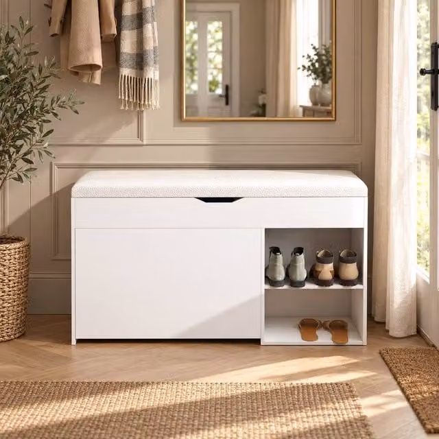 AKI HAUS White Hallway Shoe Storage Bench with Padded Fabric Seat, W: 100 cm, H: 52 cm, D: 30 cm
