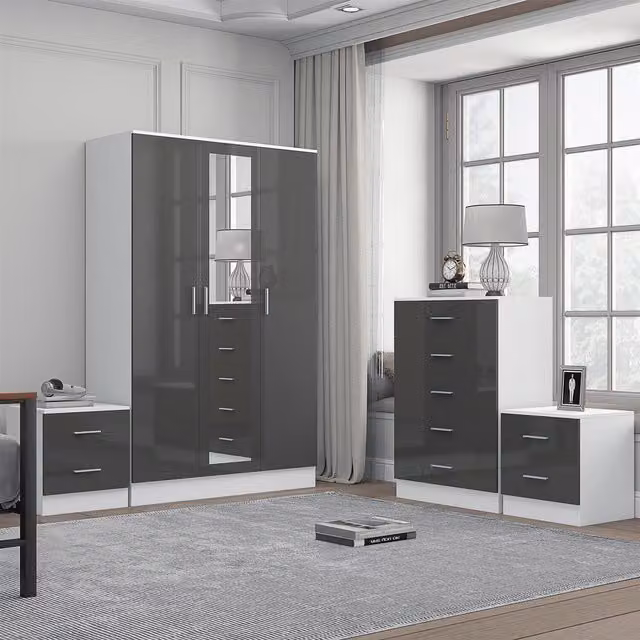 REFLECT Bedroom Furniture Bundle with 3-Door Mirror Wardrobe, Chest of Drawers and 2 Bedside Tables in Grey Gloss and Matt White