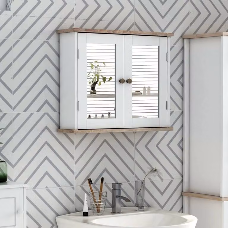 FORGEVIO Modern White Wall Mounted Bathroom Mirror Cabinet with Hinged Doors and Internal Shelves