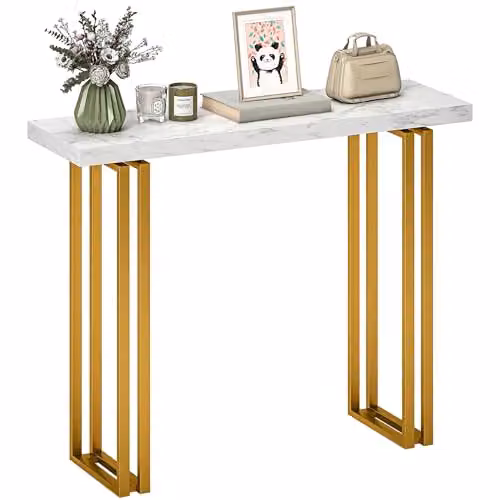 HOMCOM Modern Console Table with Faux Marble Top in White and Gold, W: 100 cm, D: 30 cm, H: 78.5 cm – 1