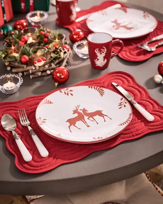 Dibor Set of 6 Cranberry Red Stag Ceramic Christmas Dinner Plates, Diameter: 27 cm – 4