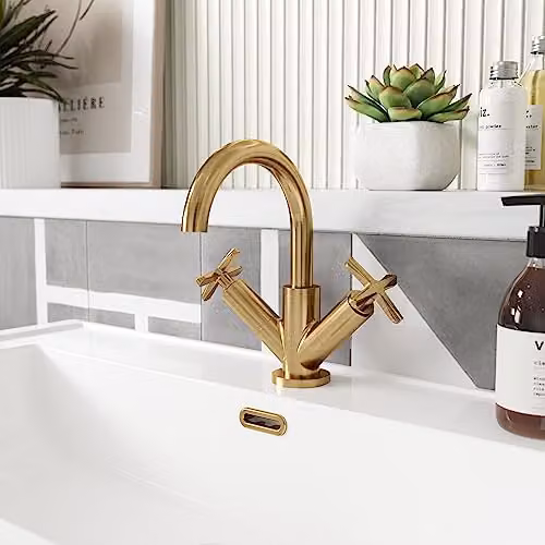 nuie CLX815 Aztec Modern Deck Mounted Mono Basin Mixer Tap with Push Button Waste, Brushed Brass, H: 23.0 cm, W: 14.9 cm, D: 14.0 cm – 2