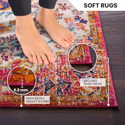 Livabliss Harput Vintage Boho Living Room Rug in Blue, Orange, Grey and Multicolour, W: 90 cm, D: 60 cm, H: 1 cm – 6