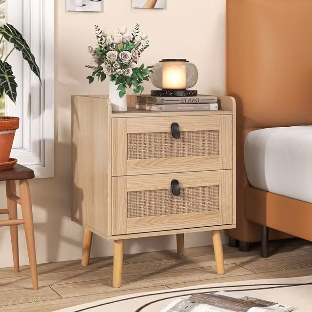 Costway Boho Rattan and Pine Wood Nightstand Side Table in Beige and Brown