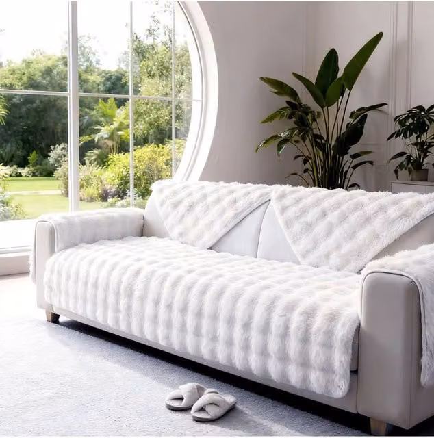 Living and Home Sleek Textured Plush Sofa Cover in White, Large – 1