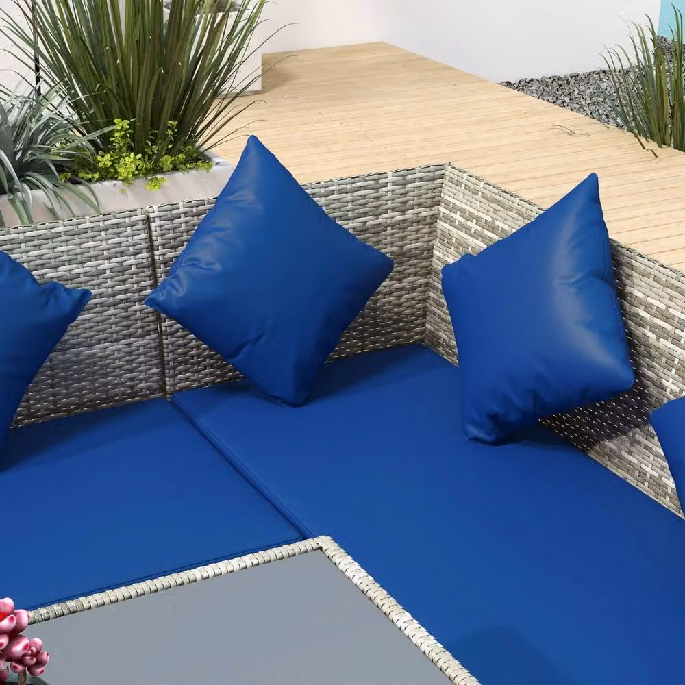 Wyld Haus Noro 5 Piece Mixed Grey Rattan Outdoor Dining Set with Dark Blue Cushions – 4