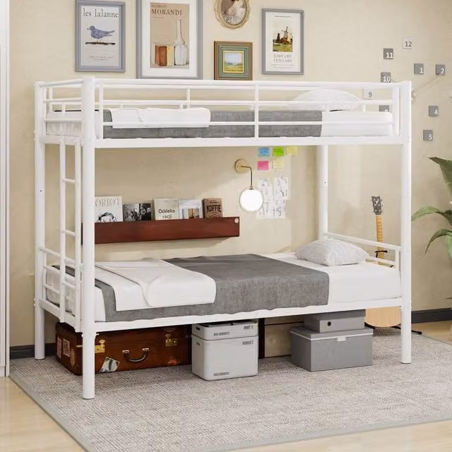 Matteo White Metal Bunk Bed with Bedside Shelf, Single Size