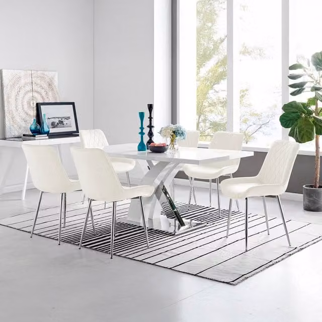 FurnitureboxUK Atlanta 6 White Rectangular Dining Table and 6 Pesaro Silver Leg Chairs in Cream