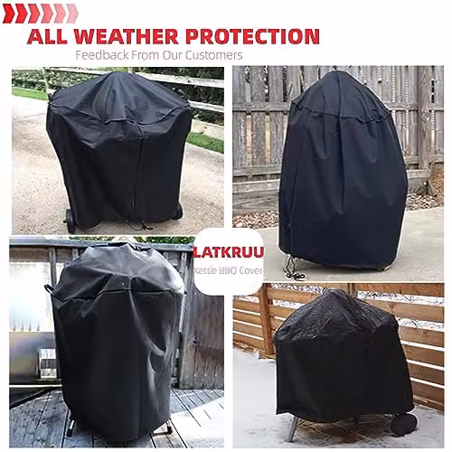 LATKRUU Waterproof Round Kettle BBQ Cover for Gas and Charcoal Grills, Black, W: 71 cm, D: 68 cm – 3