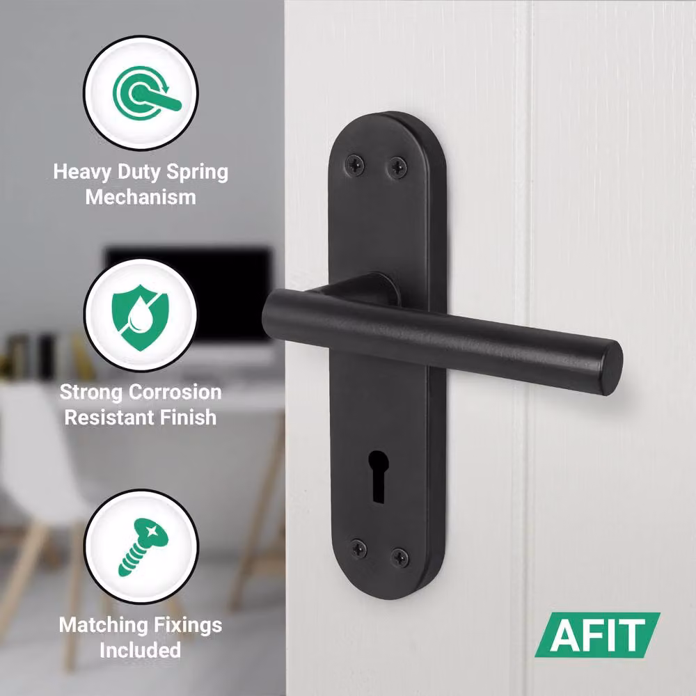AFIT Matt Black T-Bar Door Handle and Sashlock Backplate Set, 1 Pair, W/D/H: 15 x 15 x 1.5 cm – 3
