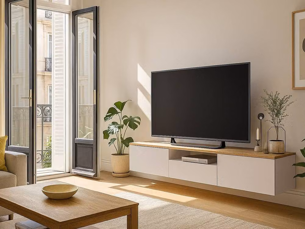 LOTULA Vente-unique Floating TV Unit with 3 Doors and 1 Niche in Beige and Natural – 4
