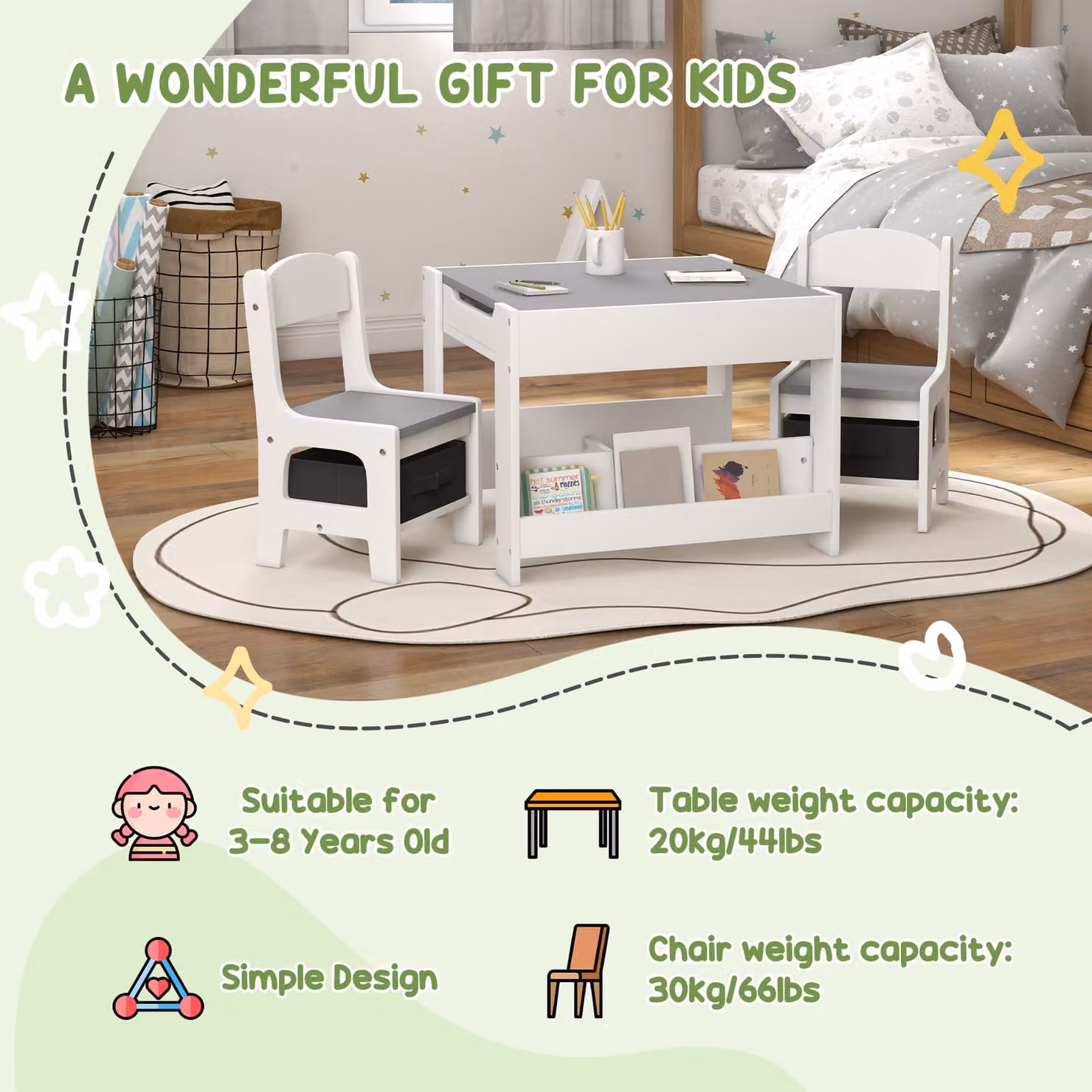 HOMCOM 3-Piece Kids Table and Chair Set with Blackboard, Storage and Bookshelves in Grey and White – 4
