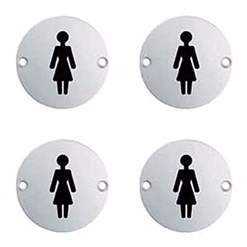 Loops 4 Pack Female Symbol Bathroom Door Sign, Polished Silver Stainless Steel, 76mm Diameter