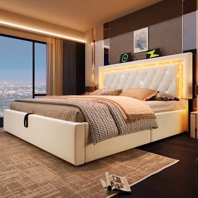 Rolipo Beige Velvet Super King Size Bed with LED Lighting, USB Charging Port and Hydraulic Storage W: 180 cm, D: 200 cm