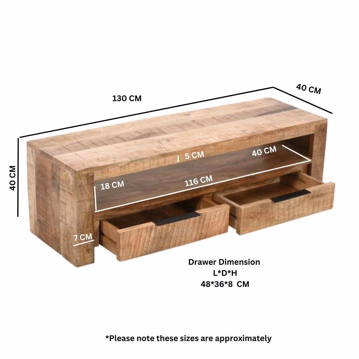 IH Design Bratton Mango Wood TV Stand with 2 Drawers in Brown, W: 130 cm, D: 40 cm, H: 40 cm – 2