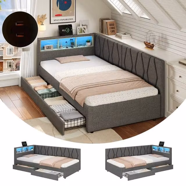 ModernLuxe Single Daybed in Grey with LED L-shaped Storage Headboard, 2 Drawers and USB Charging Port, W/D/H: 190 x 90 x 97 cm