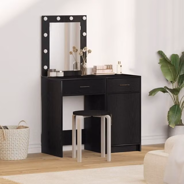 Berkfield Home 2 Piece Modern Hollywood LED Dressing Table Set in Matt Black MDF – 1