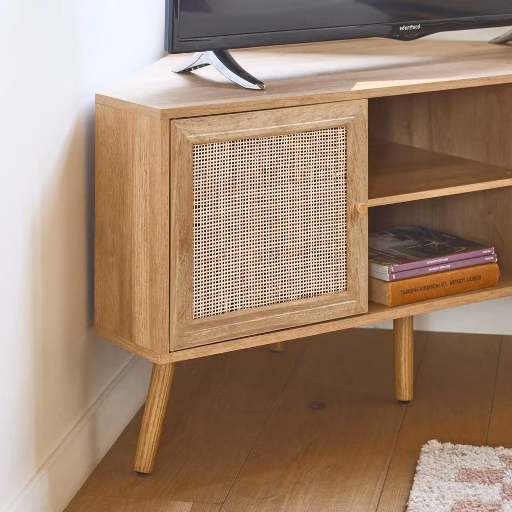 Sweekeet Retro TV Unit with Rattan Doors in Light Brown, W: 115 cm, H: 56 cm, D: 55 cm – 4