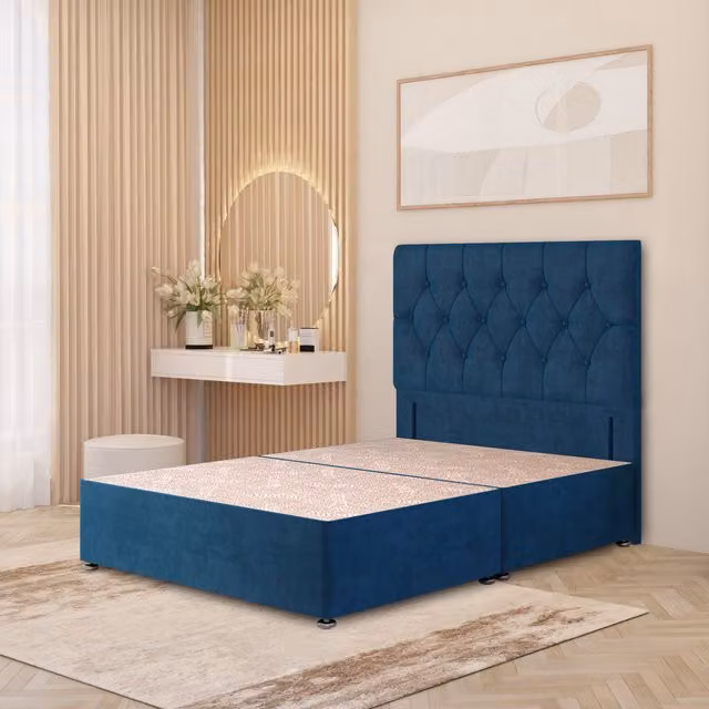Somnior Beds Ltd Chesterfield Velvet Divan Bed Base with Drawers and Floor Standing Headboard, Blue, W/D/H: 90 x 190 cm