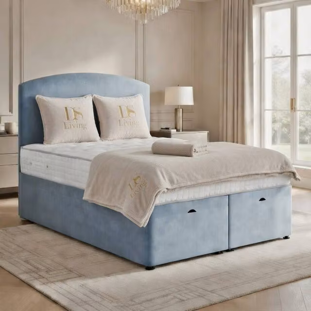 DS Living Opulence Sky Blue Velvet Upholstered Ottoman Bed, W/D/H: 200 x 200 cm