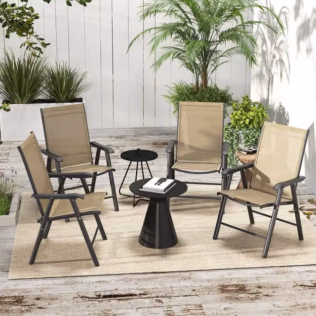 Outsunny Set of 4 Brown Folding Garden Chairs with Powder Coated Steel Frame and Textilene Mesh Seats