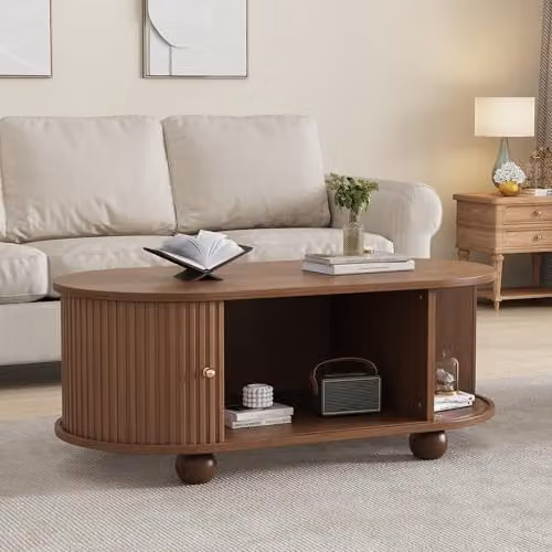 BTM Oval Coffee Table with 2 Sliding Doors and Hidden Compartment, Oak Colour, W/D/H: 100 x 50 x 40 cm – 4