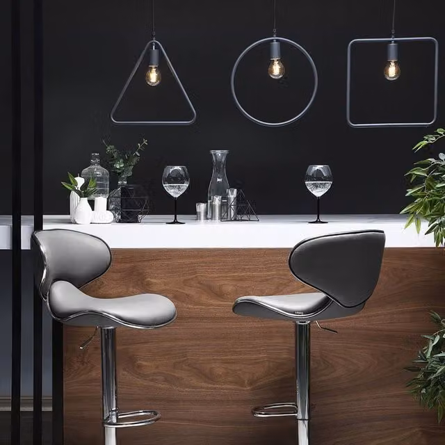 Wyld and Coco Glamour Bar Chairs 2-Pack in Grey Faux Leather with 360 Degree Swivel and Height Adjustment