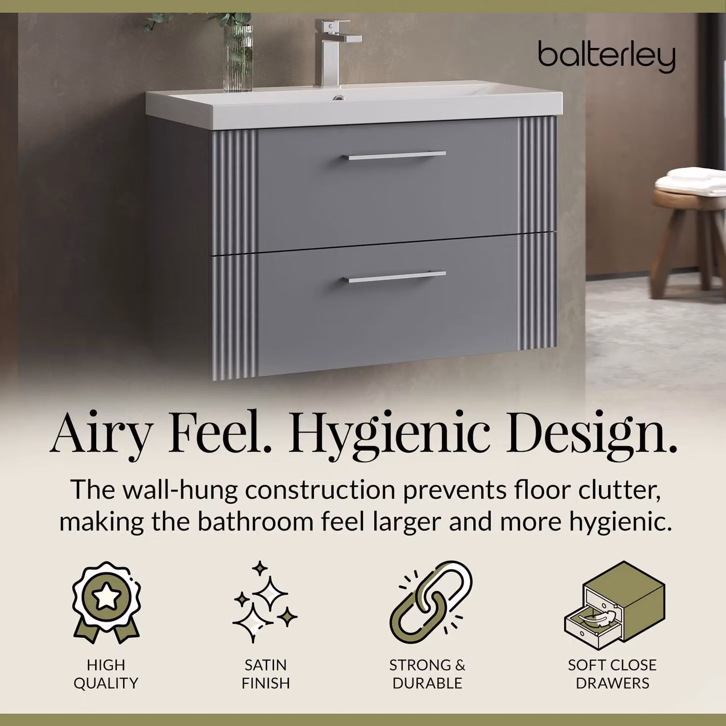 Balterley Wall Hung 2 Drawer Vanity Unit with Thin-Edge Basin, Satin Grey, Width: 80 cm – 2