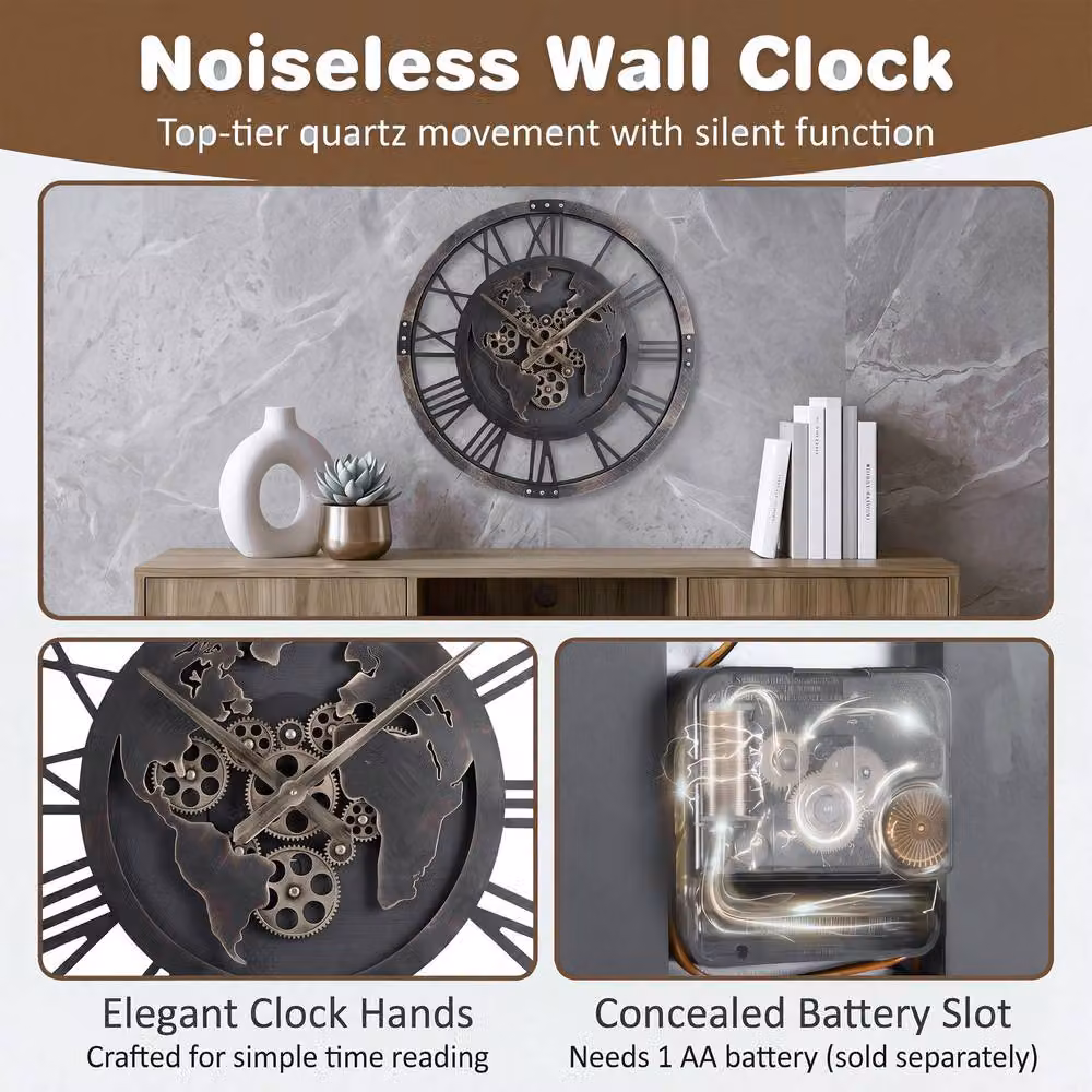 Gymax Vintage World Map Decorative Gear Wall Clock in Brown, Diameter: 68 cm – 7